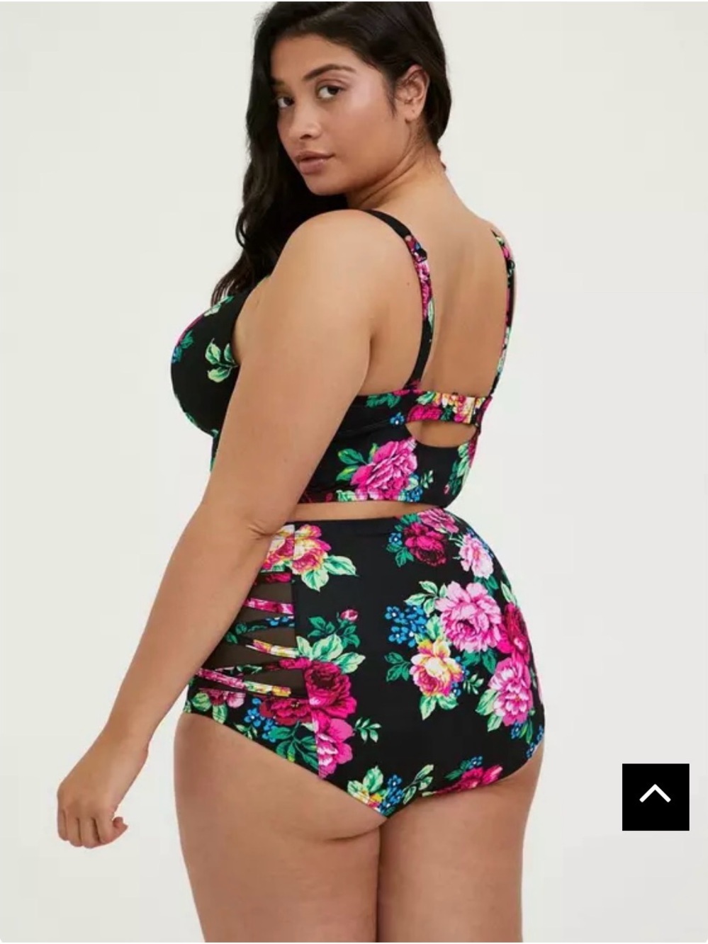 Torrid Floral Longline Bikini Top and High Waist Briefs - Black Pink Size 1X - Picture 2 of 3
